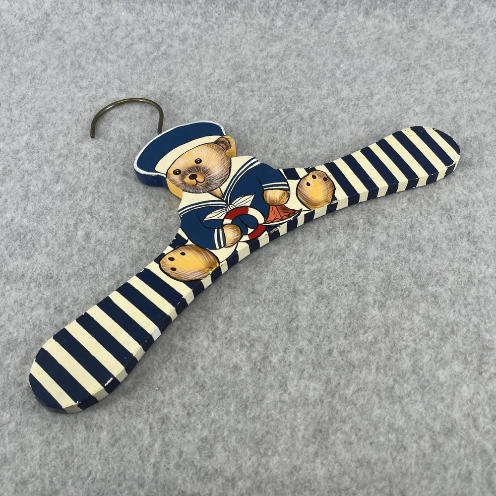 Teddy Bear Wooden Hangers Hand Painted 90s Kids Set‎ Of 2 Striped Nursery Decor